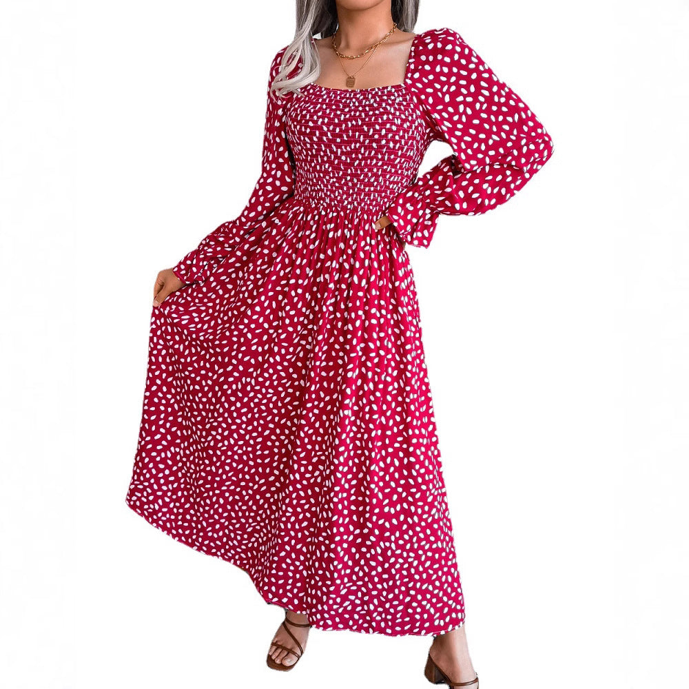 Kvinnors Lång Klänning Fyrkantig Halsringning Blommönster Bomullsblandning-5