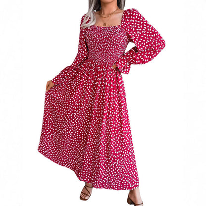 Kvinnors Lång Klänning Fyrkantig Halsringning Blommönster Bomullsblandning-5