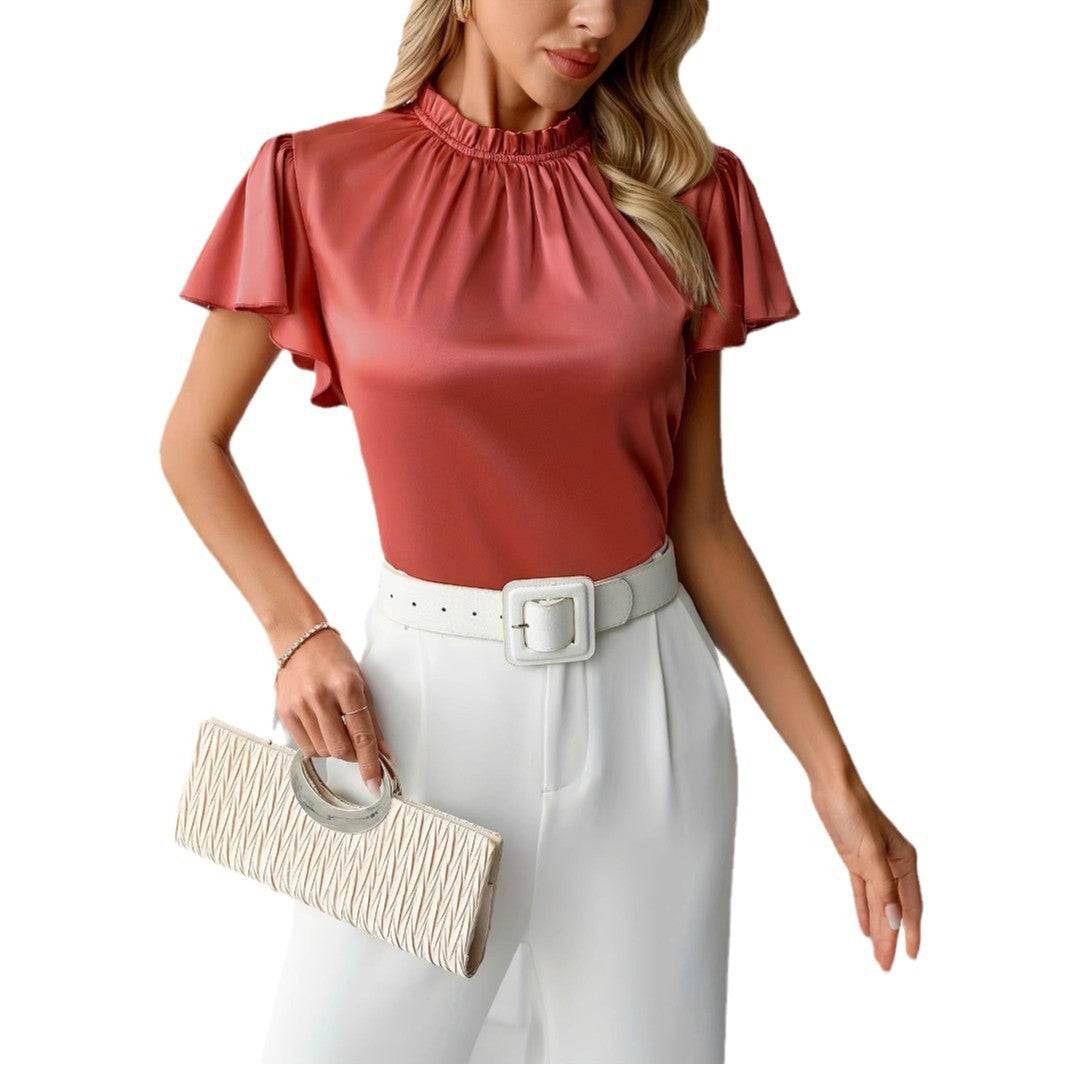 Kvinnors Topp Korta Ärmar Stativ-upp Krage Högkvalitativt Tyg 5