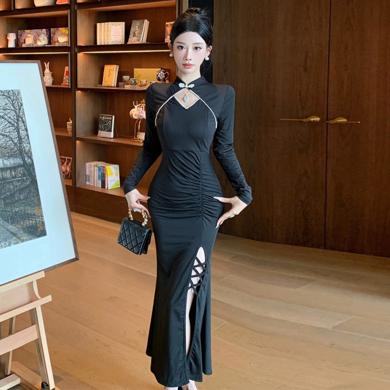 Eleganta Damklänning Qipao med Lång Kjol och Halvöppen Krage – Högkvalitativt Tyg för Formella Tillfällen 2