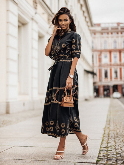 Variant image for Damklänning A-linjeformad Etniskt Tryck Polyester Långa Ärmar-11