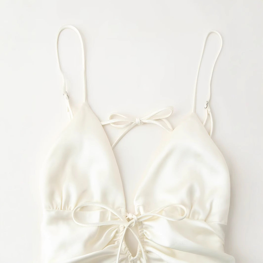 Damklänning V-hals Spaghetti Band Satin Lång Klänning-3