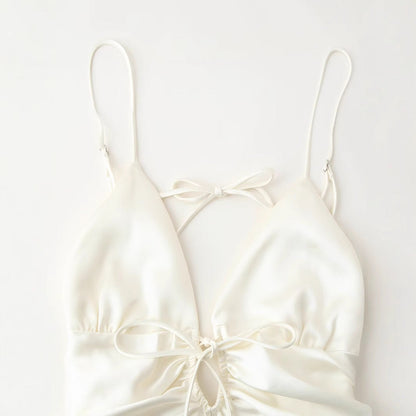 Damklänning V-hals Spaghetti Band Satin Lång Klänning-3