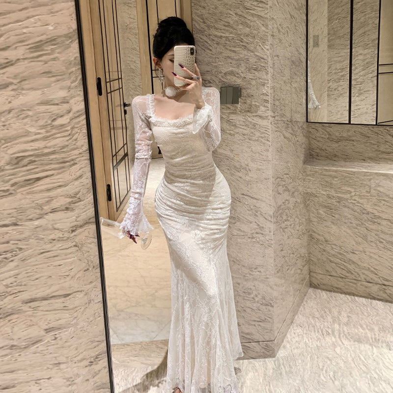 Kvinnors Festivalklänning Fyrkantig Halsringning Långärmad Högkvalitativt Tyg-3