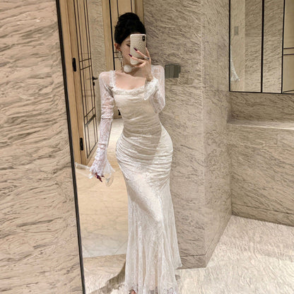 Kvinnors Festivalklänning Fyrkantig Halsringning Långärmad Högkvalitativt Tyg-3