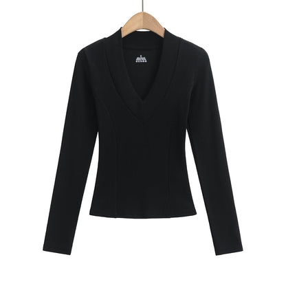 Kvinnors Långärmad Topp Djup V-hals Elastisk Material 11