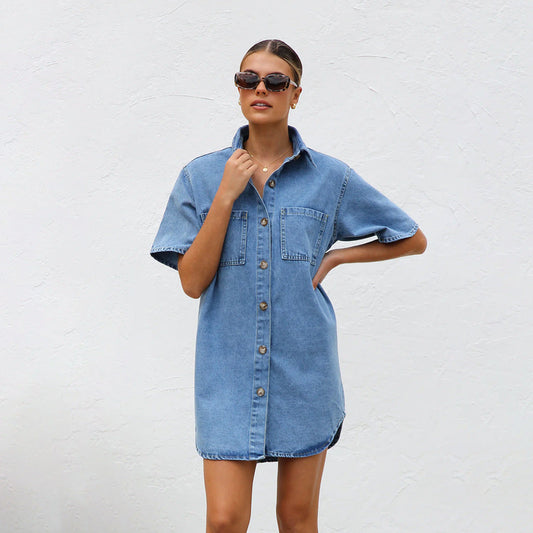 Dam Klänning Kortärmad A-linjeformad Denim-1