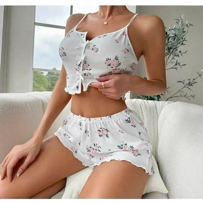 Dam Pyjamas Set Blommönster Ärmlös Polyester-2