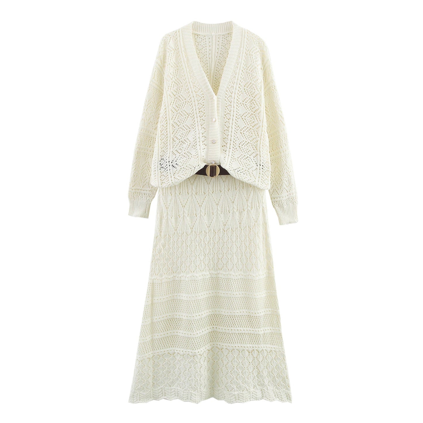 Kvinnors Stickklänning med Kofta och Bälte i Fint Material 2