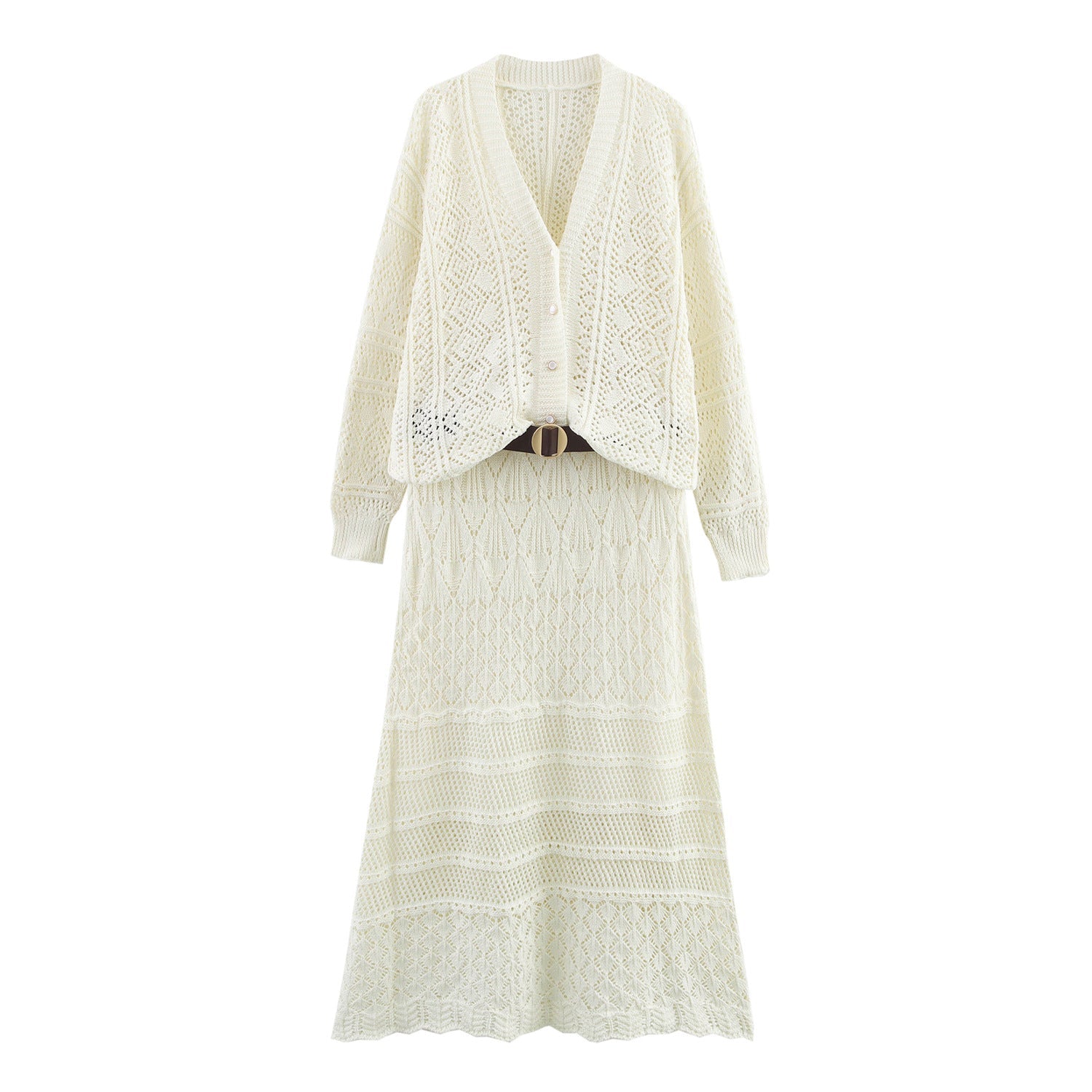 Kvinnors Stickklänning med Kofta och Bälte i Fint Material 2