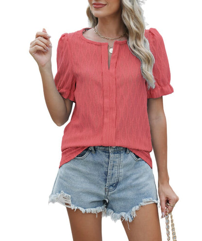 Elegant Kortärmad Topp för Dam med Puffärmar – Lätt Jacquard i Polyester, Perfekt för Fest och Vardag 10