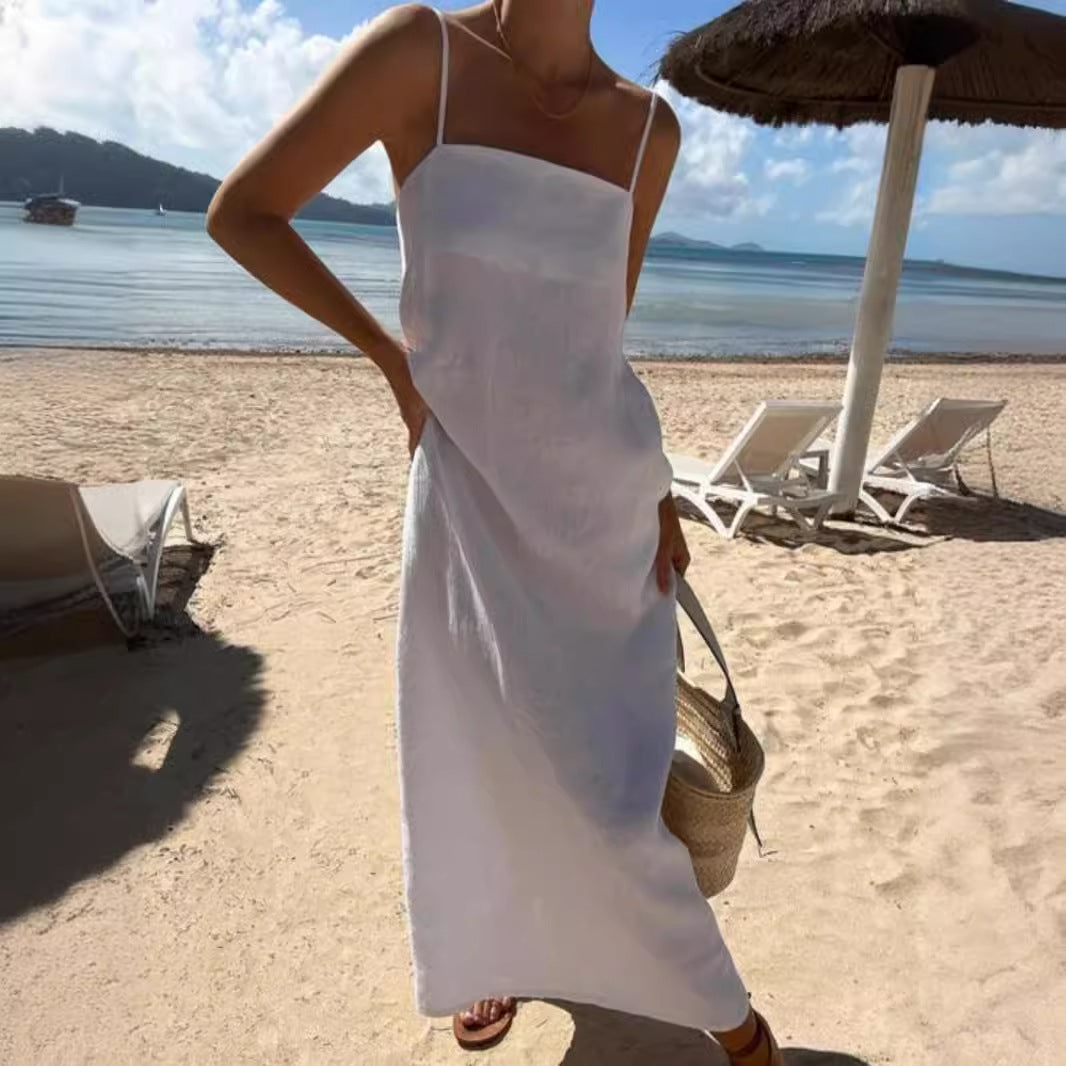 Dam Klänning Spaghetti Band Lång Kjol Bomull och Linne-3