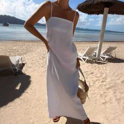 Dam Klänning Spaghetti Band Lång Kjol Bomull och Linne-3