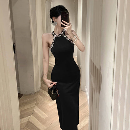 Kvinnors Halterneck Klänning Slimmad Glittrande Material-2