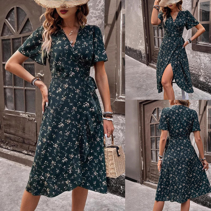 Maxiklänning Dam V-ringning Blommig Polyester Ruffled-2