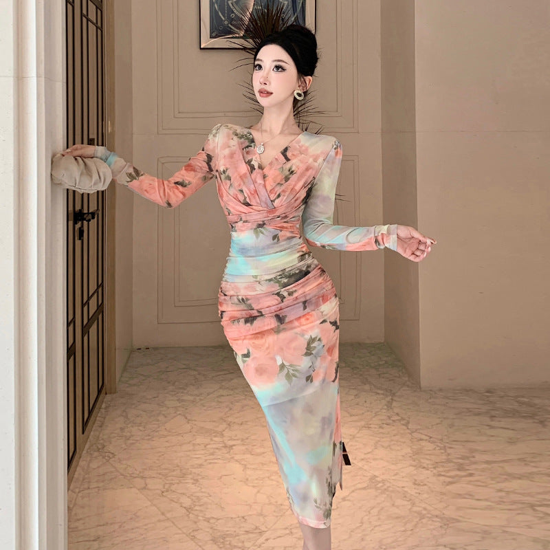 Kvinnors Midi Klänning V-Halsad Rynkade Polyester Elastan-3