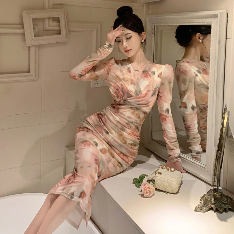 Damklänning Midi V-ringad med Tryck 100% Polyester Långa Ärmar Elegant Stil-4