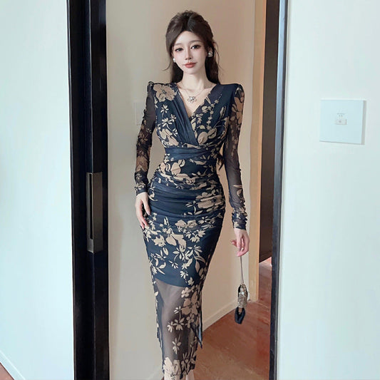 Dam Klänning Bodycon V-ringning Veckad Nätverkshylsa-1