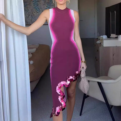 Damklänning Oregelbunden Rytmtryck Midi Spandex Ärmlös-2