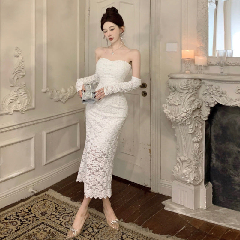 Kvinnors Axellös Bodycon Klänning med Spets och Slits Polyester-3