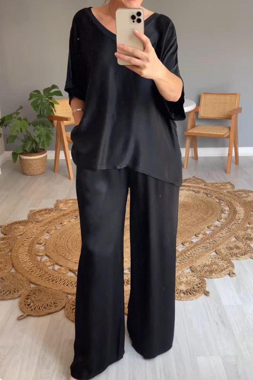 Dam Byxdress V-Hals Tre-Fjärdedelsärmar Siden-1