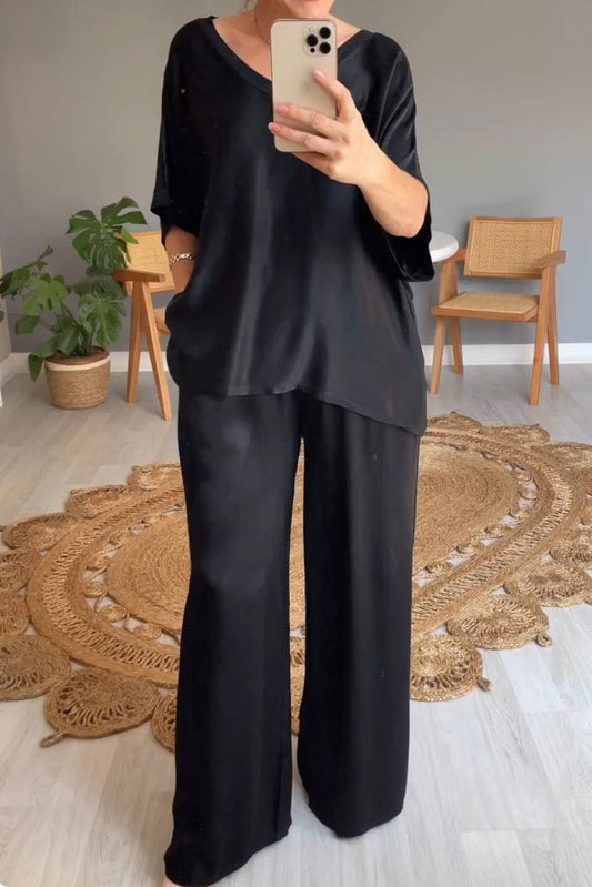 Dam Byxdress V-Hals Tre-Fjärdedelsärmar Siden-1