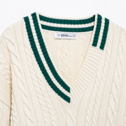 Stickad Tröja Dam V-ringning Flätmönster Mjuk Bomullsblandning-3