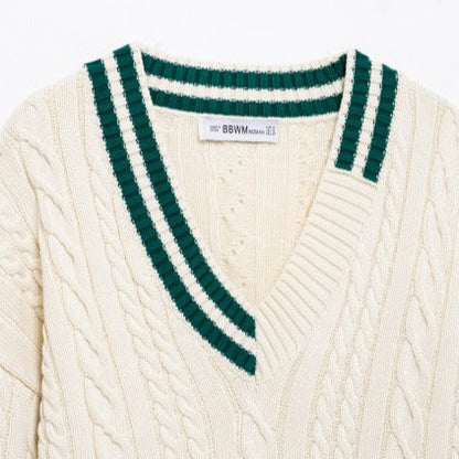 Stickad Tröja Dam V-ringning Flätmönster Mjuk Bomullsblandning-3