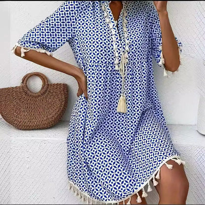 Dam Midi Klänning V-ringad Polyester Elegant Mönster-3