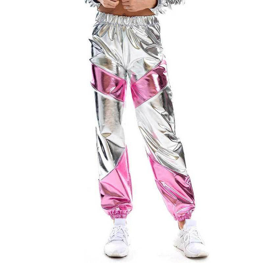 Leggings Dam Futuristisk Design i Metallskinn med Färgblock Stretchigt Material-1