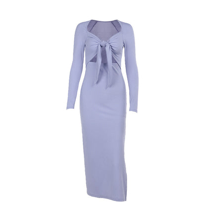 Långärmad Klänning med Djup V-Hals och Dekorativ Knut i Midjan – Elastiskt Tyg för Optimal Komfort 6