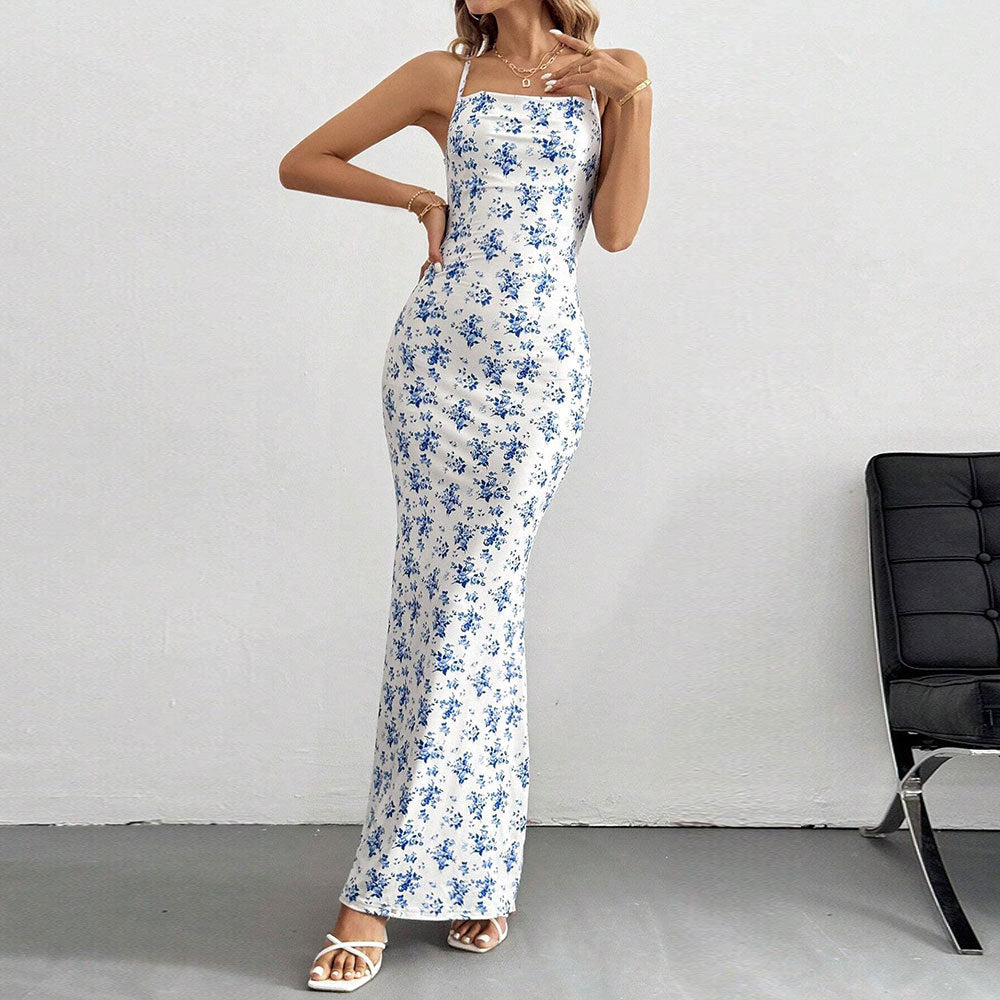 Damklänning A-Line Blommönster Ryggfri Polyester-5