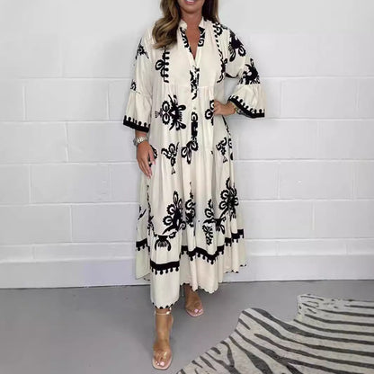 Damklänning Med Tryckt Stativ-Up Krage Polyester Elegant Stil-5