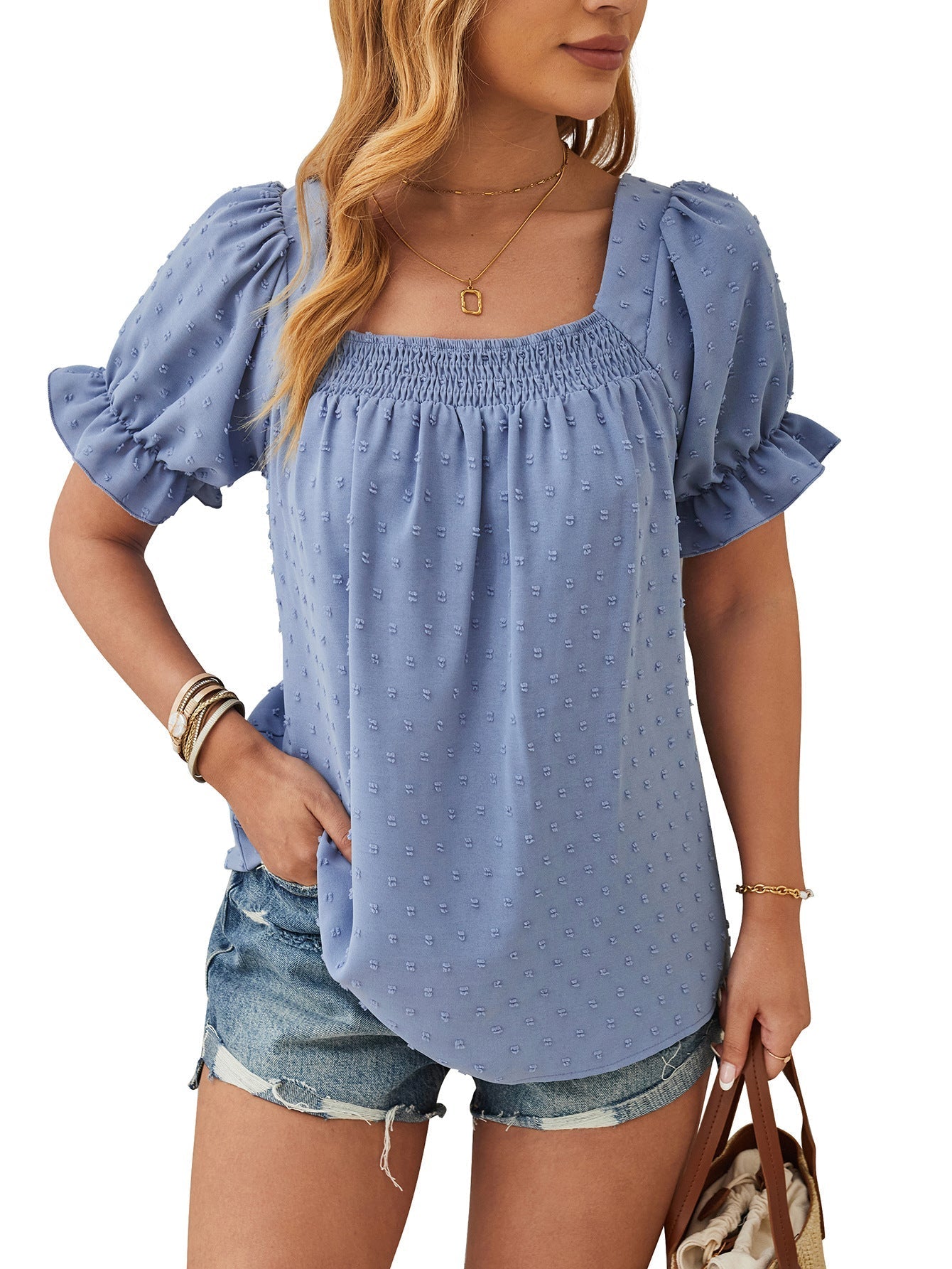 Dam Blus Chiffong Puffärmar Fyrkantig Halsringning 1