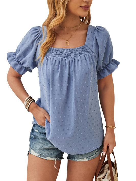 Dam Blus Chiffong Puffärmar Fyrkantig Halsringning 1