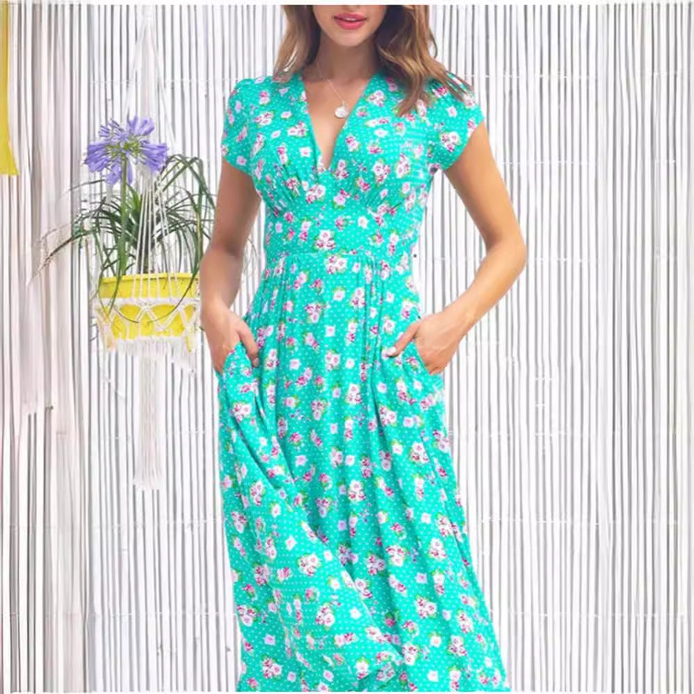 Damklänning V-hals A-linje Midi Fyrvägsstretch Bohemisk Stil 3