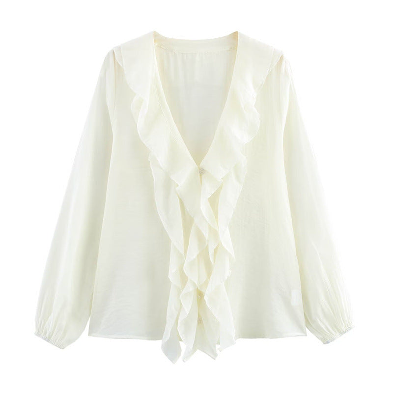 Dam Ruffle Skjorta Långärmad Monokrom Polyester-1