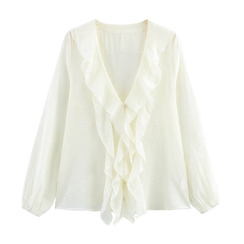 Dam Ruffle Skjorta Långärmad Monokrom Polyester-1