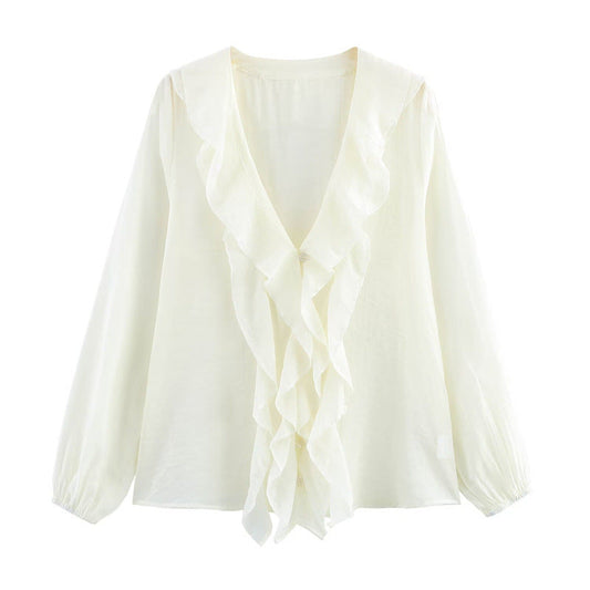 Dam Ruffle Skjorta Långärmad Monokrom Polyester-1