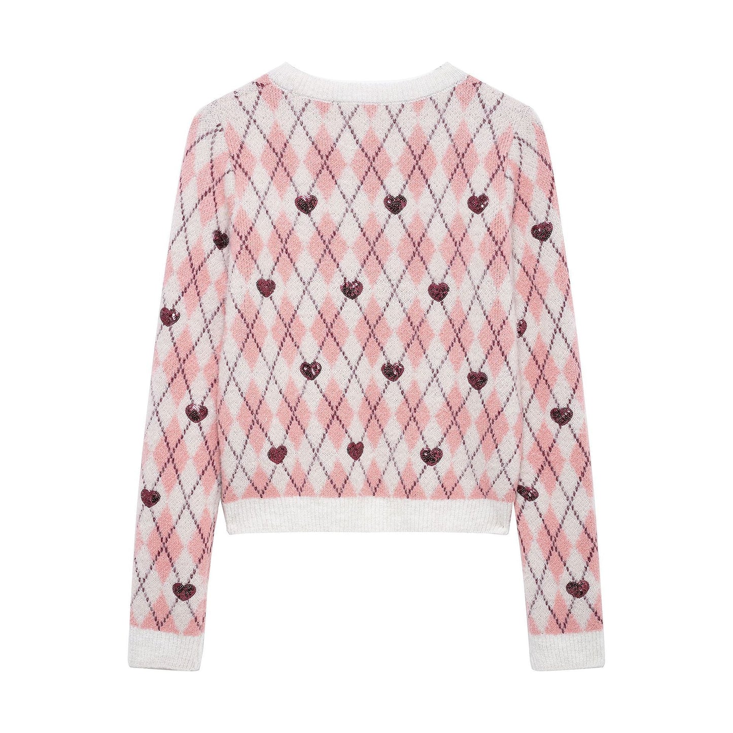 Stickad Dam Tröja med Diamantmönster och Glittrande Hjärta i Bomullsblandning-2