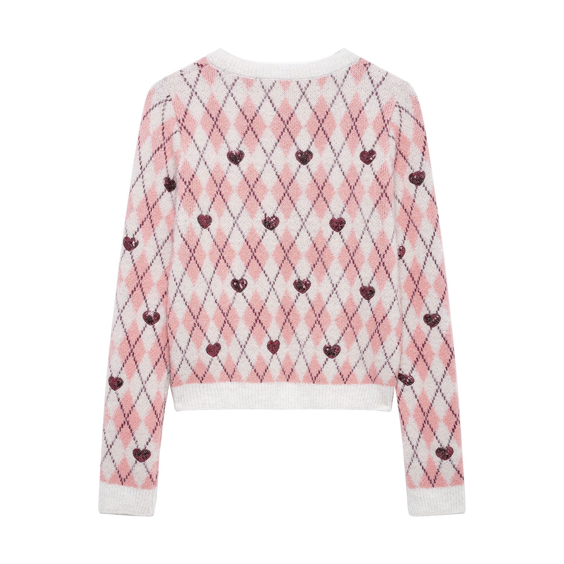 Stickad Dam Tröja med Diamantmönster och Glittrande Hjärta i Bomullsblandning-2