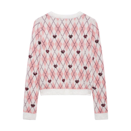 Stickad Dam Tröja med Diamantmönster och Glittrande Hjärta i Bomullsblandning-2