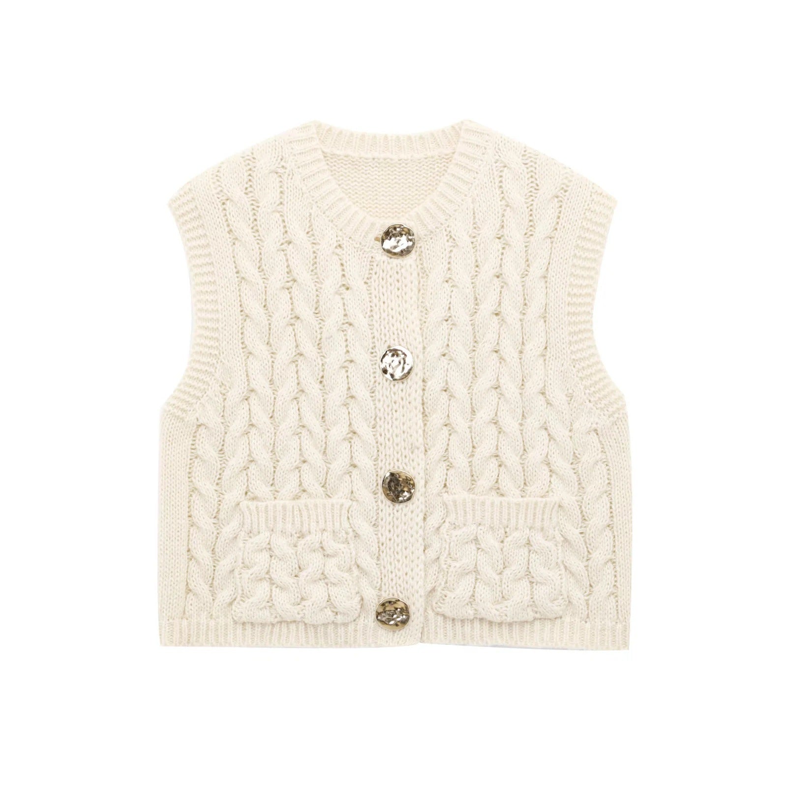 Kvinnors Stickad Väst med Dekorativa Knappar och Fickor i Mjuk Bomullsblandning-1