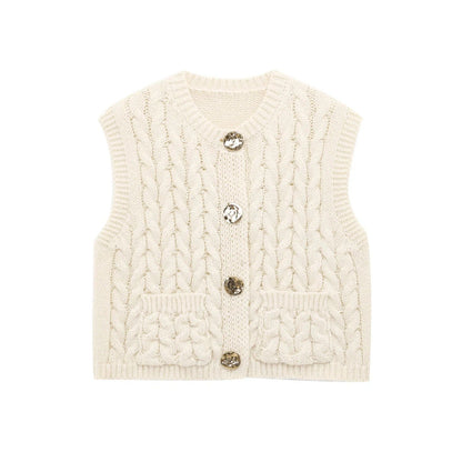 Kvinnors Stickad Väst med Dekorativa Knappar och Fickor i Mjuk Bomullsblandning-1