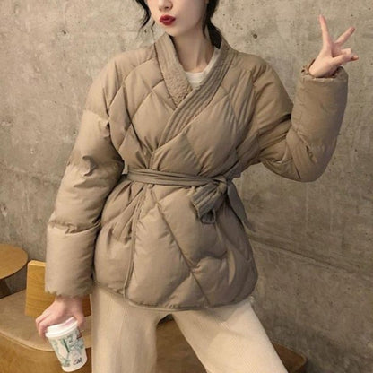 Vinterjacka Dam Lång Vattentålig Med Midjebälte Quiltad Design 4