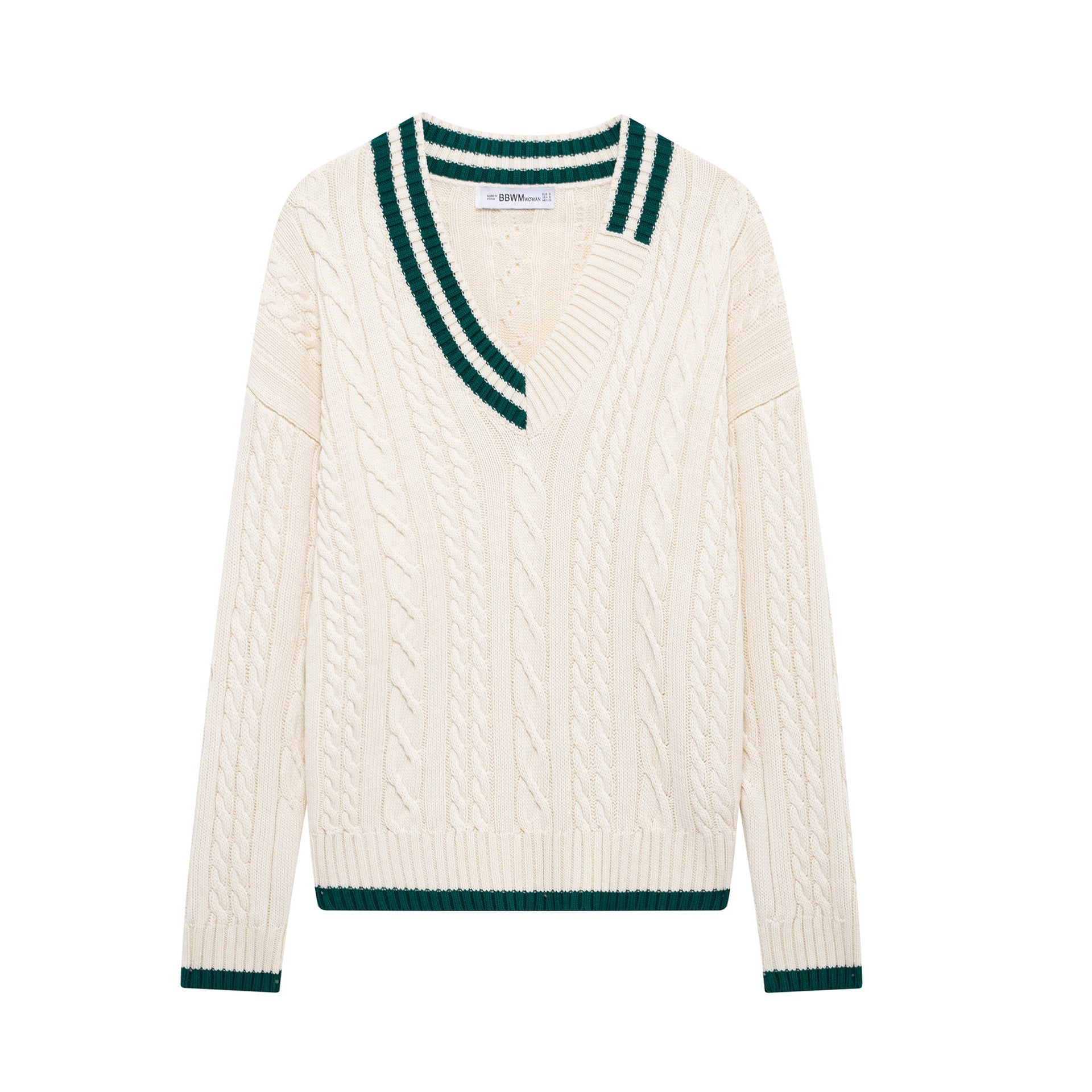 Variant image for Stickad Tröja Dam V-ringning Flätmönster Mjuk Bomullsblandning-1