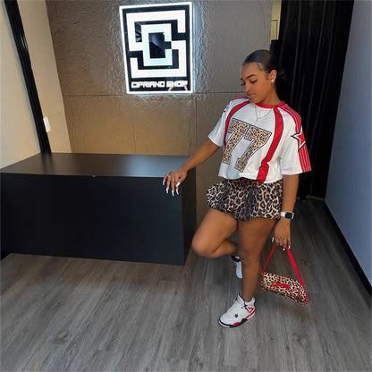 Dam Topp Tryckt Leopard Polyester Korta Ärmar Cirkulär Halsringning-3