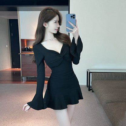 Fina Damklänningar Mini V-ringad Patchwork i Bomull med Långa Ärmar – Eleganta och Bekväma för Vardag och Fest 2