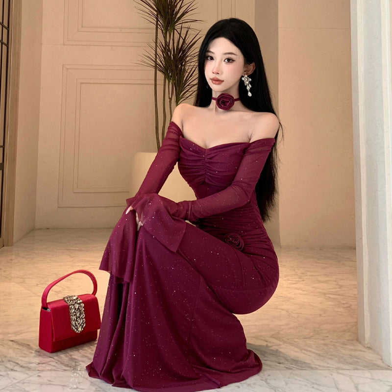 Kvinnors Off-Shoulder Klänning Veckad Polyester-4
