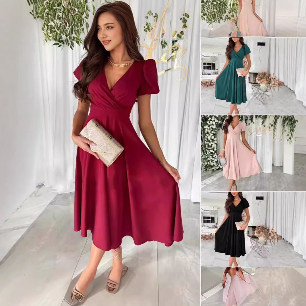 Kvinnors Midi Klänning Puffärmar Polyester-2